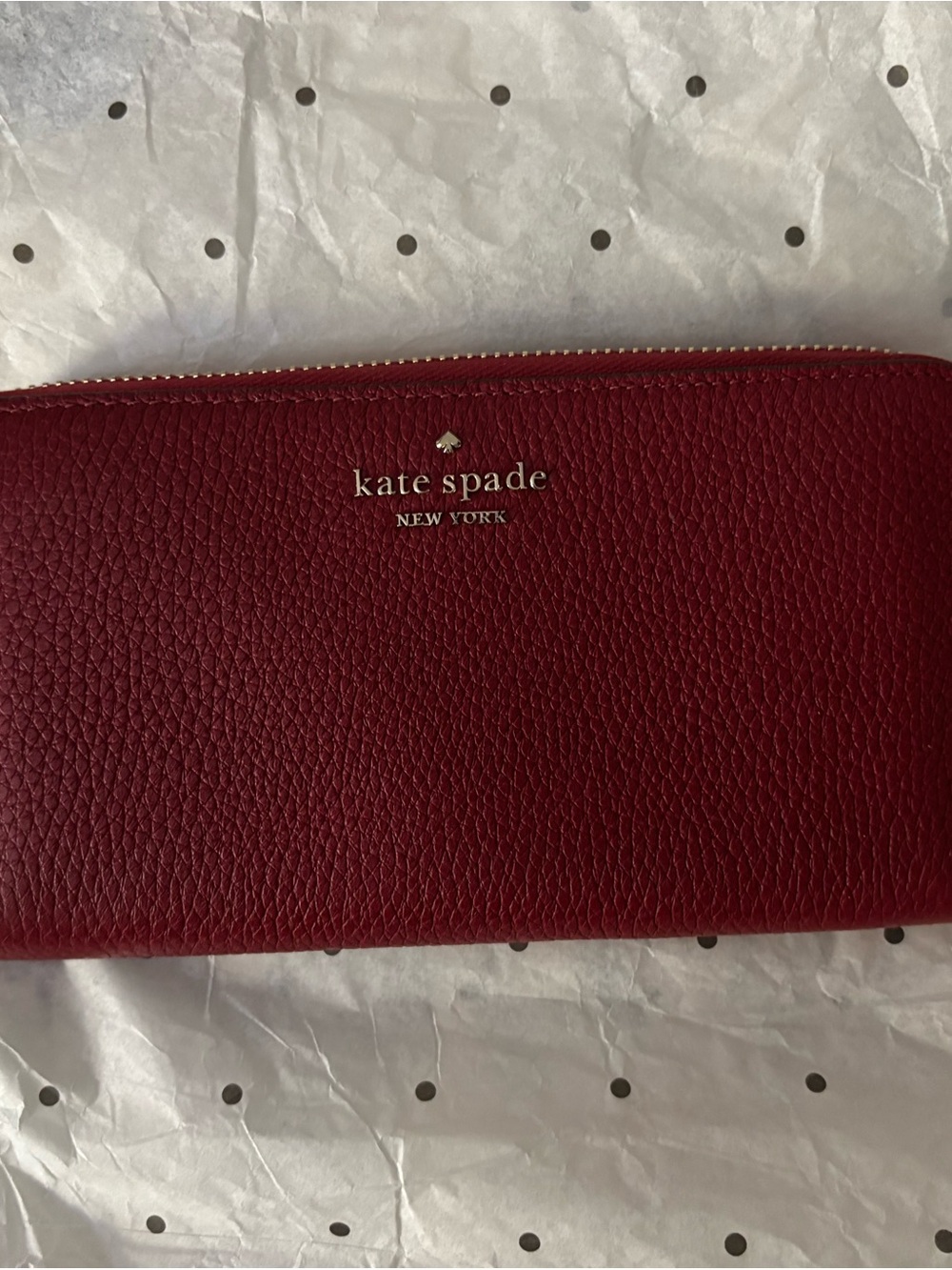kate spade Red Pebbled Leather Zip Wallet with Gold Logo